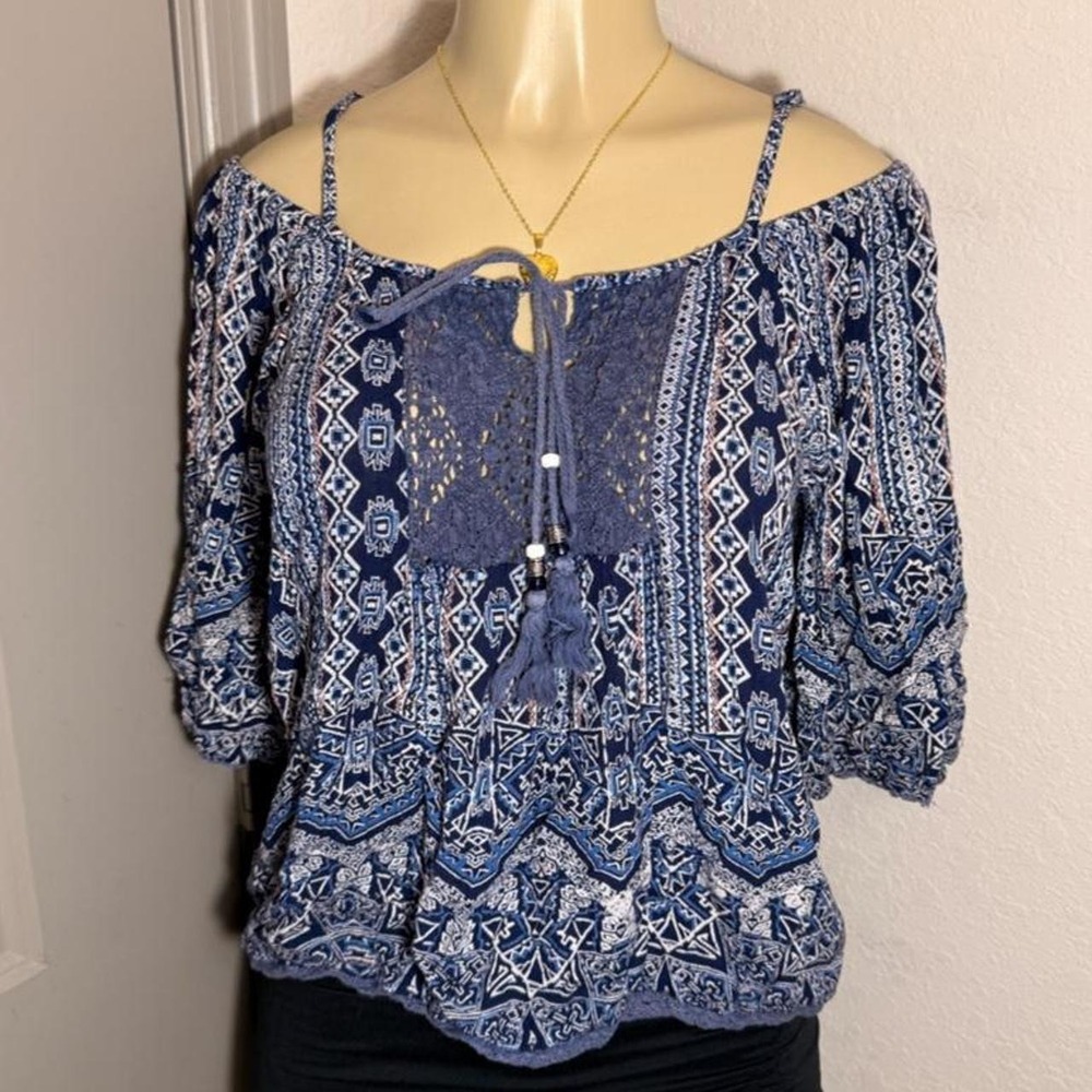 Blue and white boho blouse with geometric and floral pattern